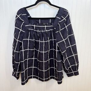 J. Crew G3405 Navy Blue & White Windowpane Penny Blouse Women’s Size 10 Tall
